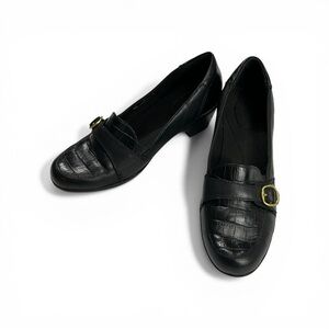 Clarks Bendables Black Leather Croc Print Buckled Loafer Womens Size 8